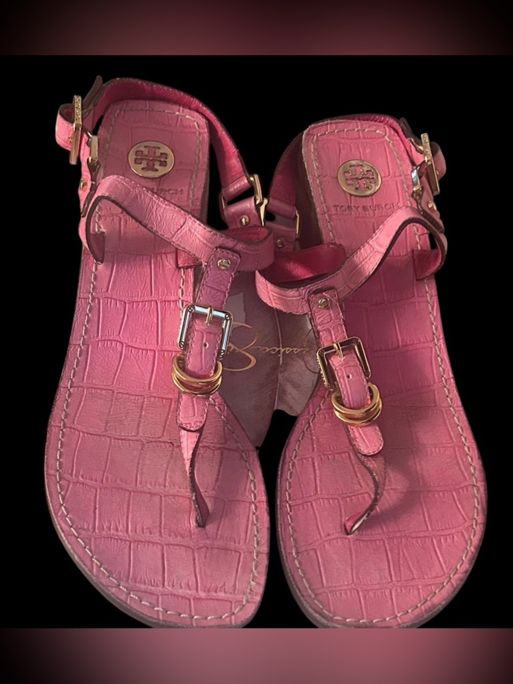 Tory Burch Pink Croc-Pattern Sandals - Picture 2 of 10